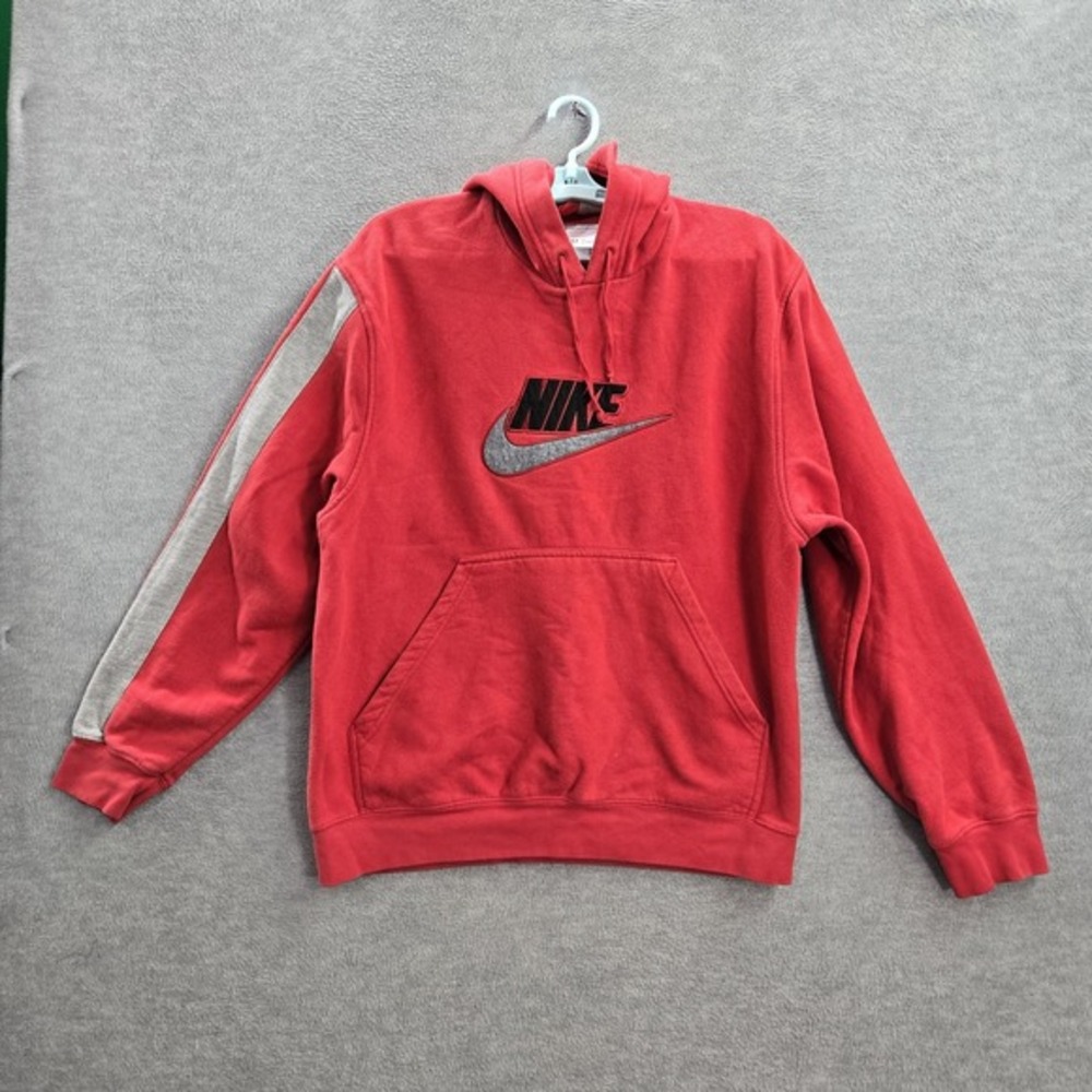 VINTAGE‎ Nike Hoodie M Red 90s Swoosh Embroidery Colorblock Fleece Logo Pullover